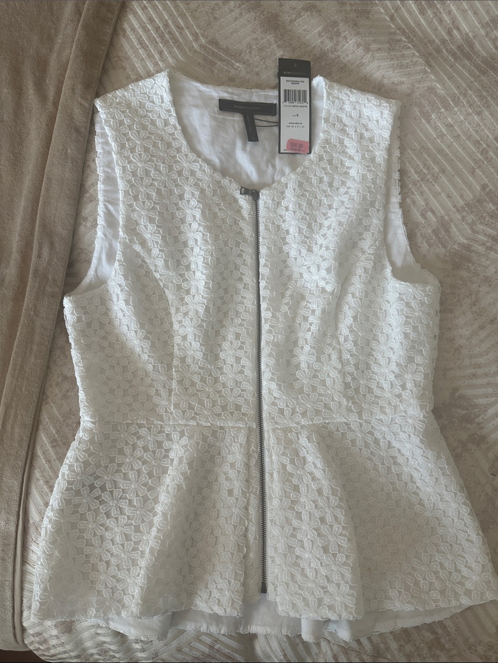 BCBGMaxAzria White Lace Sleeveless Peplum Top with Front Zip